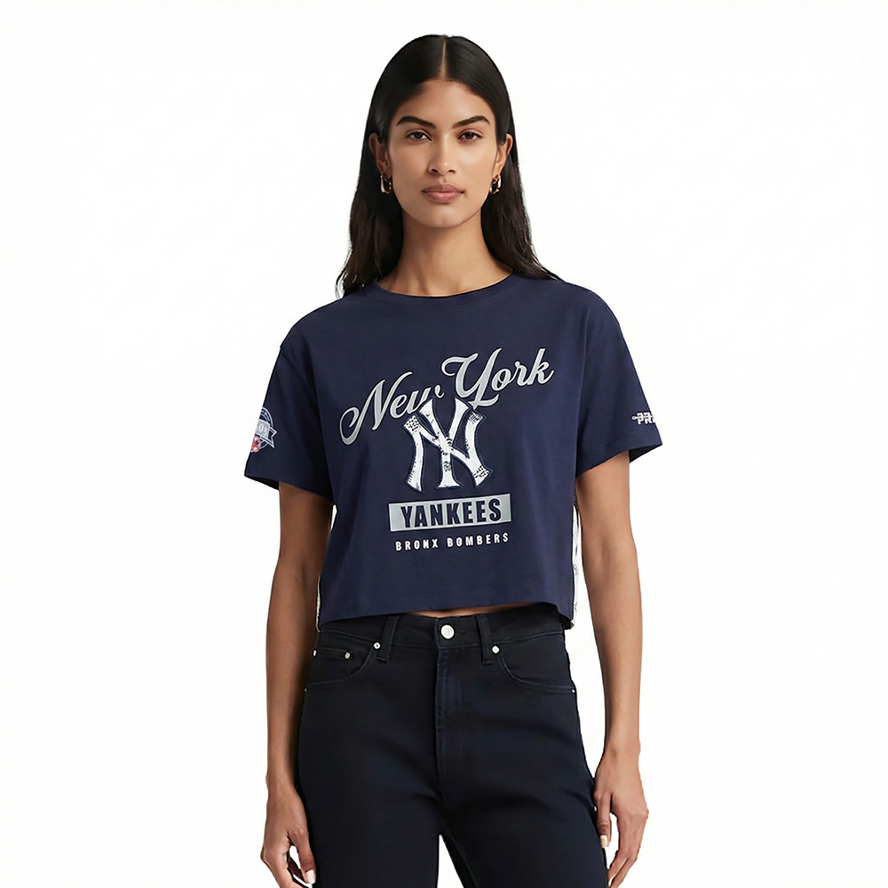 MLB NEW YORK YANKEES LACE UP HAUT EN JERSEY SIMPLE À COUPE CARRÉE POUR FEMME (MARINE MINUIT)