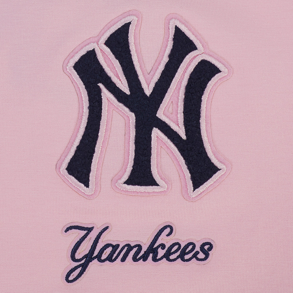 MLB NEW YORK YANKEES CLASSIC CHENILLE HAUT EN JERSEY SIMPLE À COUPE CARRÉE POUR FEMME (ROSE)