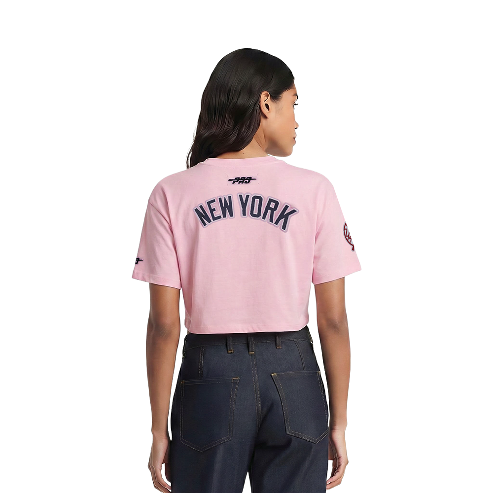 MLB NEW YORK YANKEES CLASSIC CHENILLE HAUT EN JERSEY SIMPLE À COUPE CARRÉE POUR FEMME (ROSE)