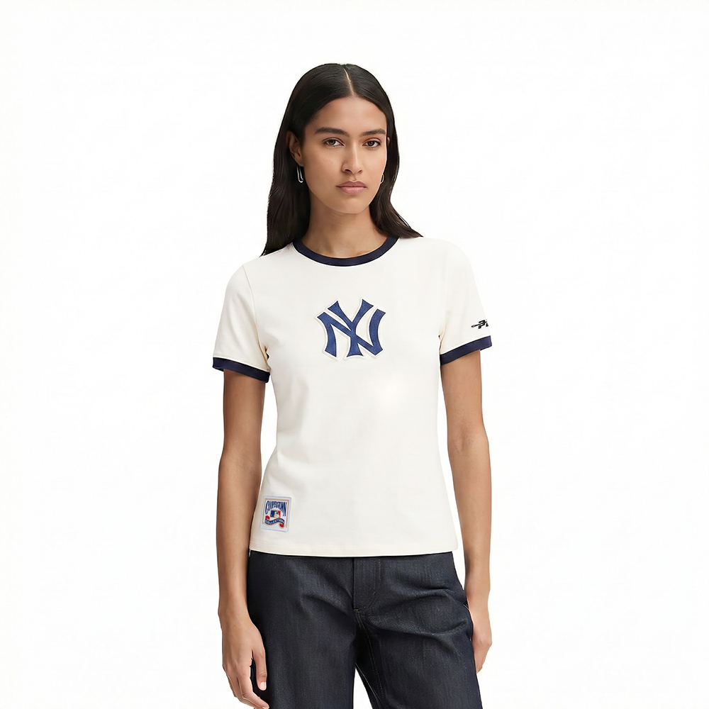 MLB NEW YORK YANKEES RETRO CLASSICS HAUT À BORDURES CONTRASTANTES POUR FEMME (COQUILLE D'ŒUF/MARINE MINUIT)