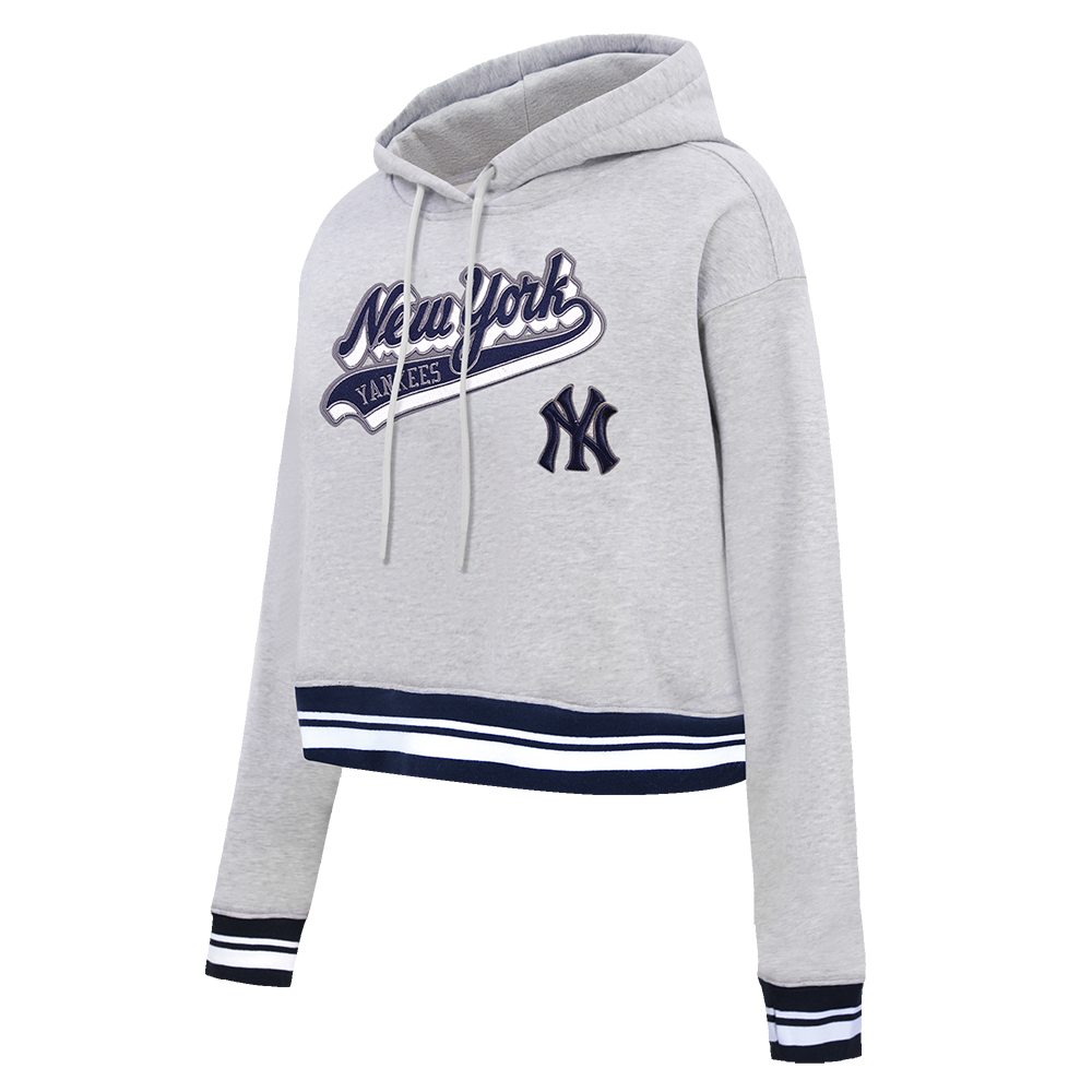 MLB NEW YORK YANKEES SCRIPT TAIL WOMEN'S RIB FLEECE CROPPED PULLOVER HOODIE (HEATHER GREY/MIDNIGHT NAVY)