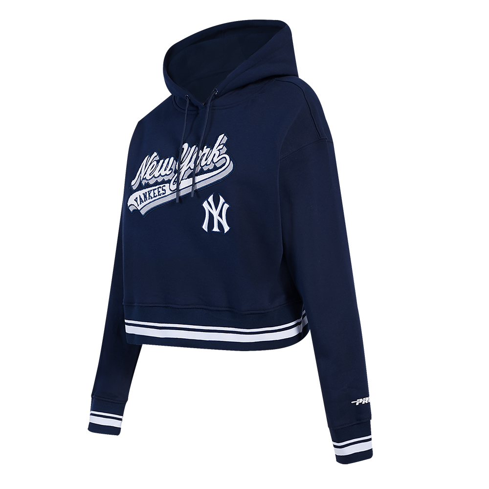 MLB NEW YORK YANKEES SCRIPT TAIL WOMEN'S RIB FLEECE CROPPED PULLOVER HOODIE (MIDNIGHT NAVY)