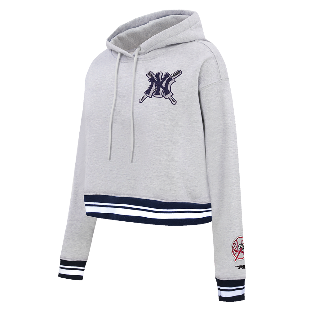 MLB NEW YORK YANKEES MASHUP WOMEN'S RIB CROPPED PULLOVER HOODIE (HEATHER GREY/MIDNIGHT NAVY)