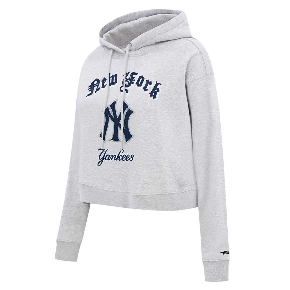 MLB NEW YORK YANKEES OLD ENGLISH WOMEN'S CROPPED PO HOODIE (HEATHER GREY)