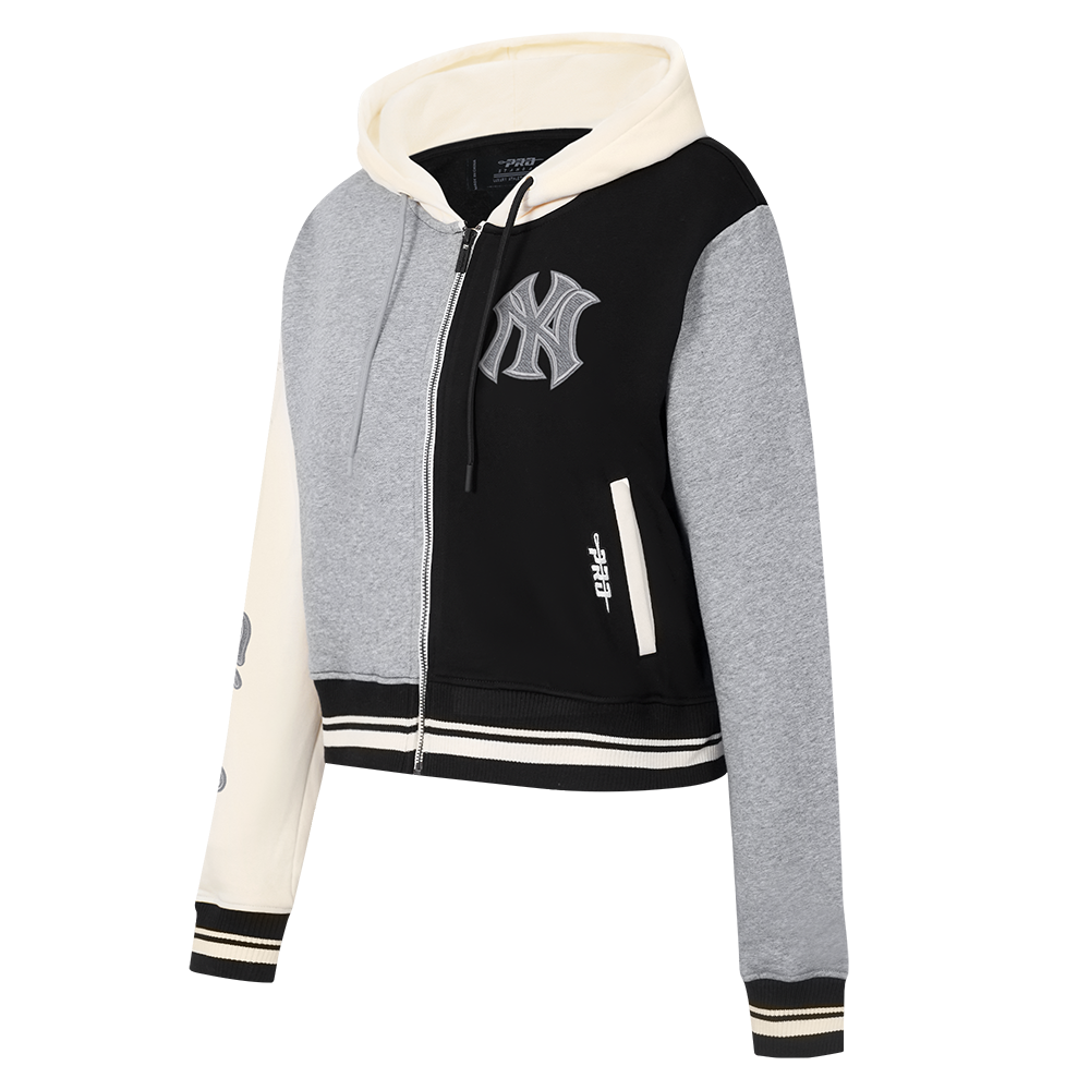 MLB NEW YORK YANKEES REVERSE FRENCH TERRY WOMEN'S COLORBLOCK FLC FZ HO (BLACK/GRAY/EGGSHELL)