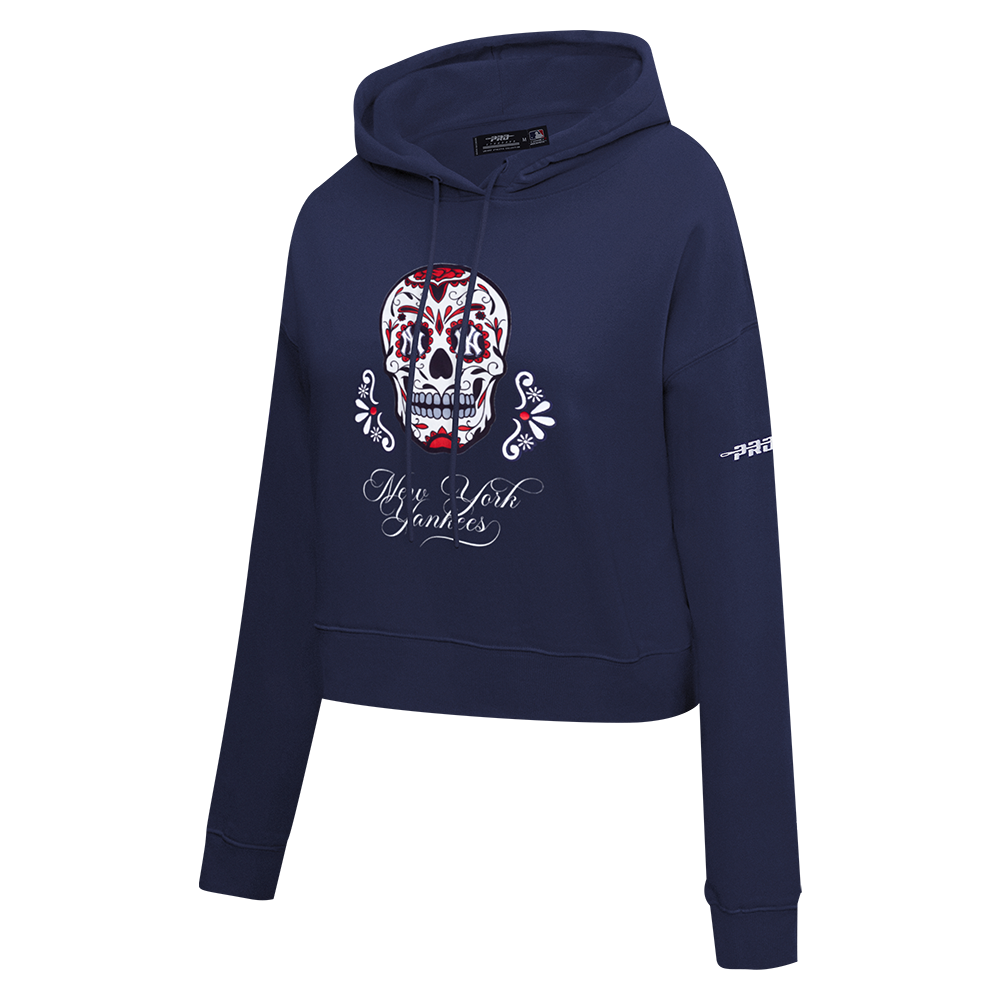 MLB NEW YORK YANKEES SUGAR SKULL WOMEN'S FLEECE CROPPED PULLOVER HOODIE (MIDNIGHT NAVY)