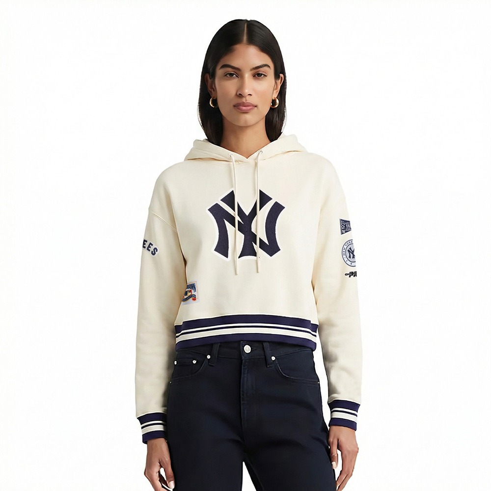 MLB NEW YORK YANKEES RETRO CLASSIC CHANDAIL À CAPUCHON COURT EN MOLLETON CÔTELÉ POUR FEMME (COQUILLE D'ŒUF/MARINE MINUIT)