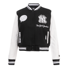 MLB NEW YORK YANKEES PEARLS WOMEN'S RIB WOOL VARSITY JACKET (BLACK/WHITE)