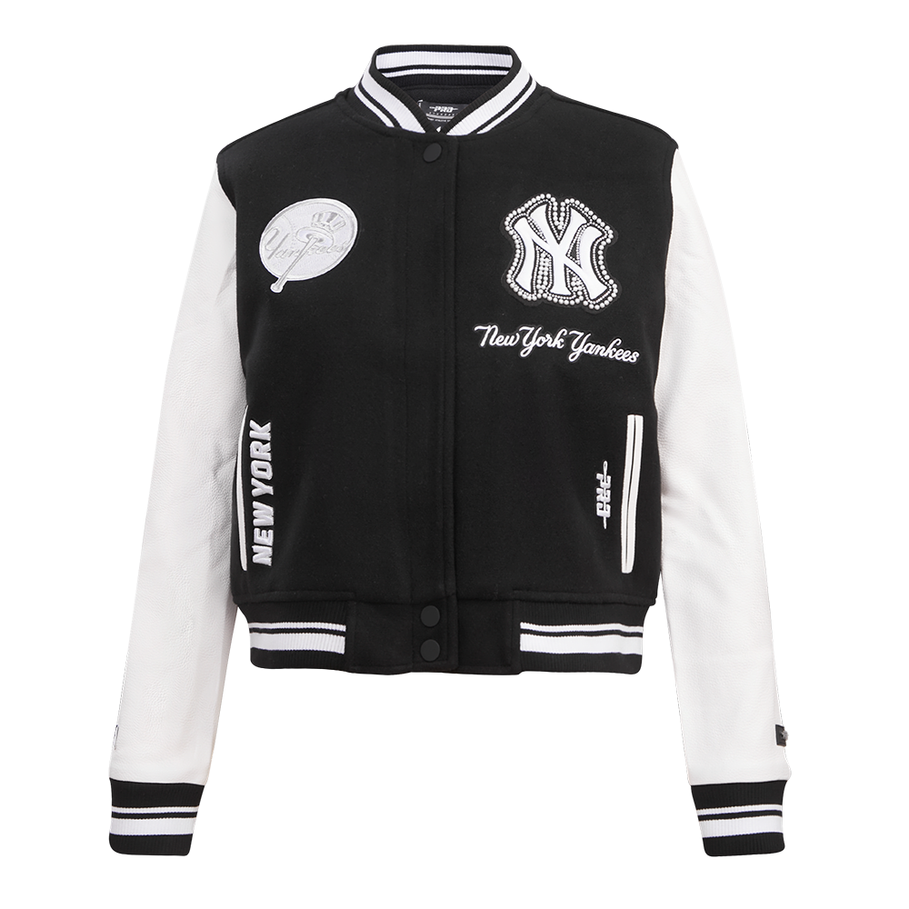 MLB NEW YORK YANKEES PEARLS WOMEN'S RIB WOOL VARSITY JACKET (BLACK/WHITE)