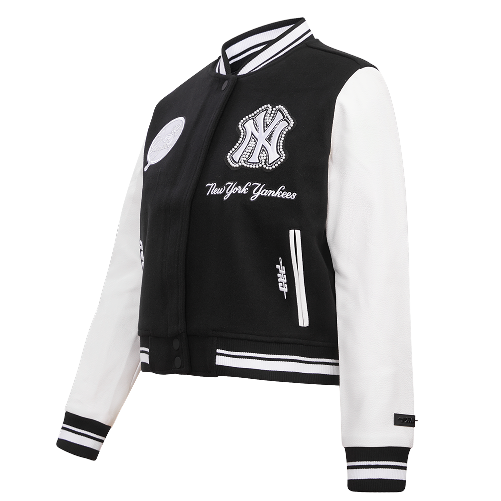 MLB NEW YORK YANKEES PEARLS WOMEN'S RIB WOOL VARSITY JACKET (BLACK/WHITE)
