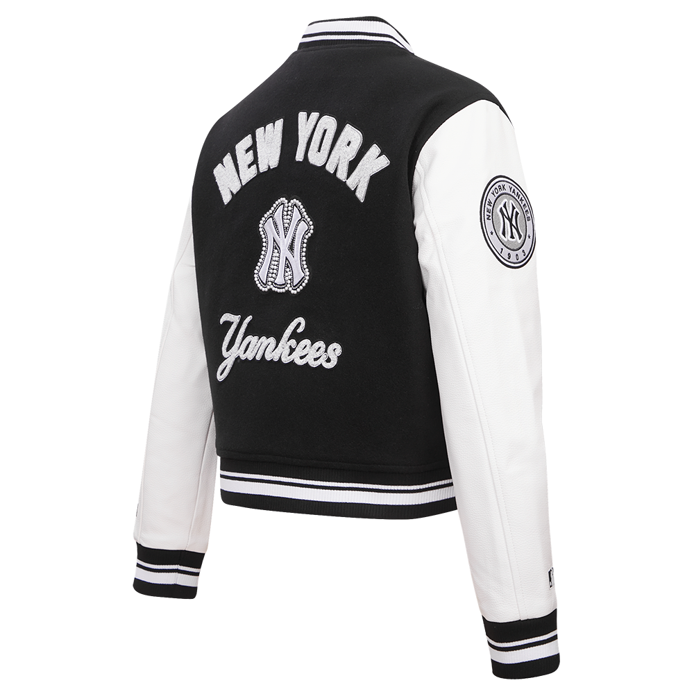 MLB NEW YORK YANKEES PEARLS WOMEN'S RIB WOOL VARSITY JACKET (BLACK/WHITE)