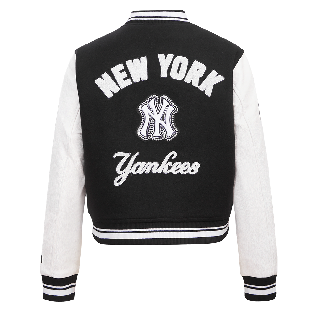 MLB NEW YORK YANKEES PEARLS WOMEN'S RIB WOOL VARSITY JACKET (BLACK/WHITE)