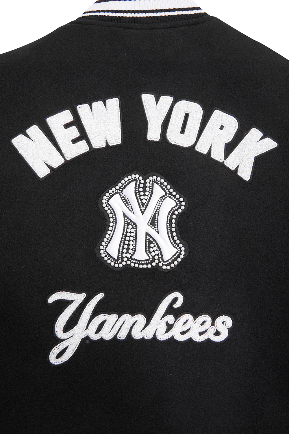 MLB NEW YORK YANKEES PEARLS WOMEN'S RIB WOOL VARSITY JACKET (BLACK/WHITE)