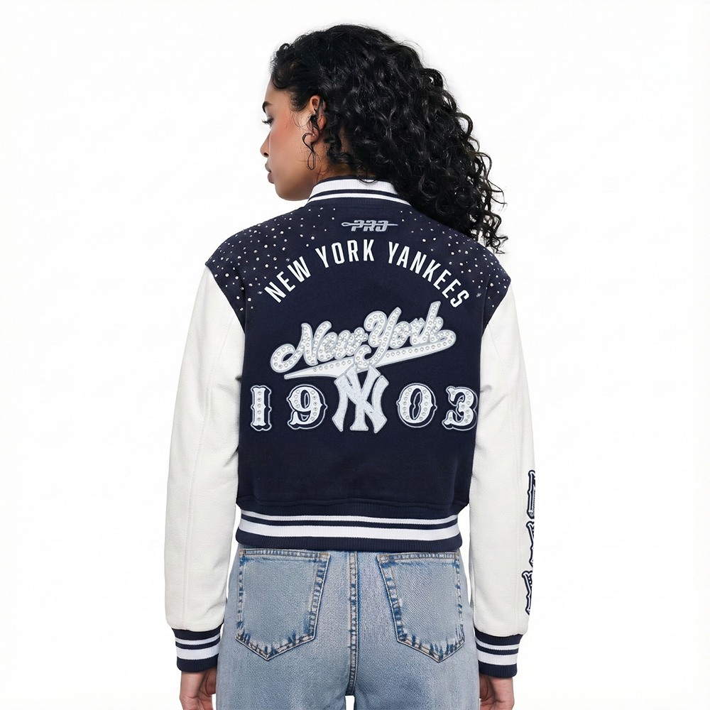 MLB NEW YORK YANKEES LEGACY WOMEN'S CROPPED RIB WOOL VARSITY JACKET (MIDNIGHT NAVY/WHITE)