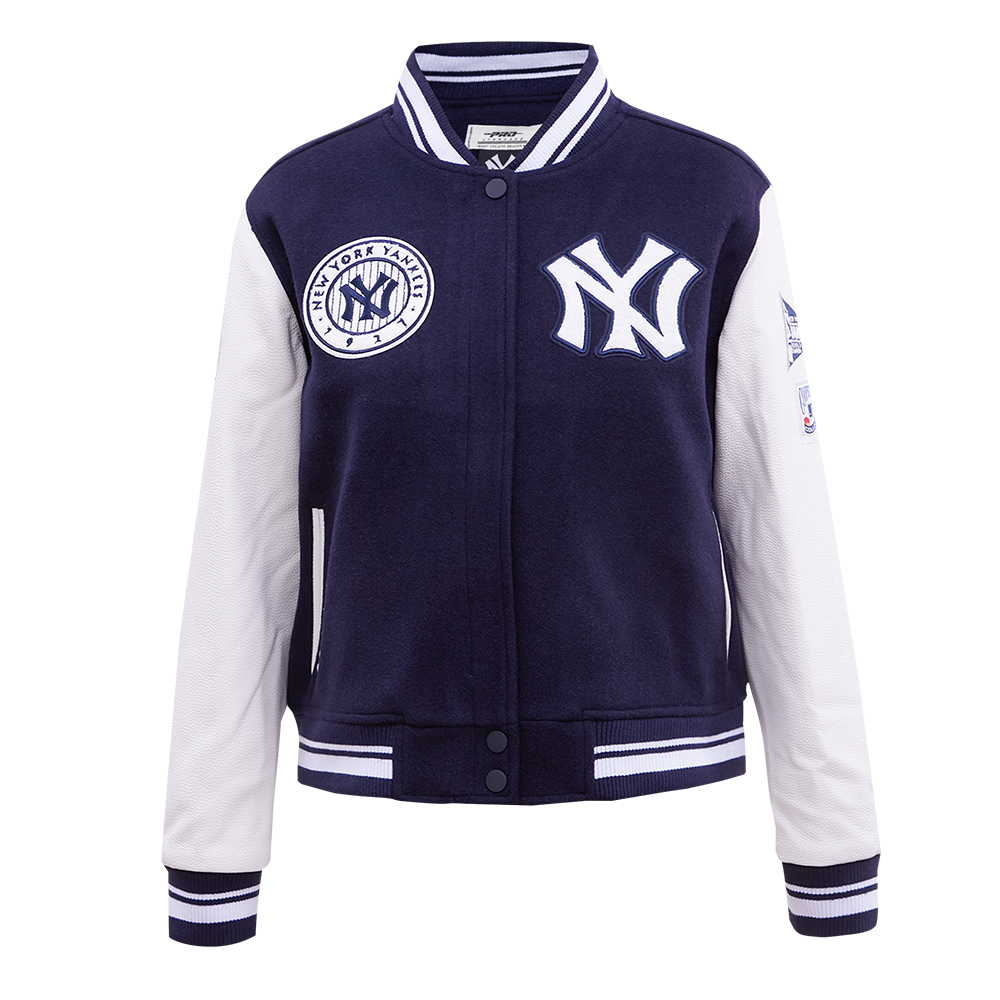 MLB NEW YORK YANKEES RETRO CLASSIC BLOUSON COLLÉGIAL EN LAINE À BORDS CÔTELÉS POUR FEMME (MARINE MINUIT/BLANC)