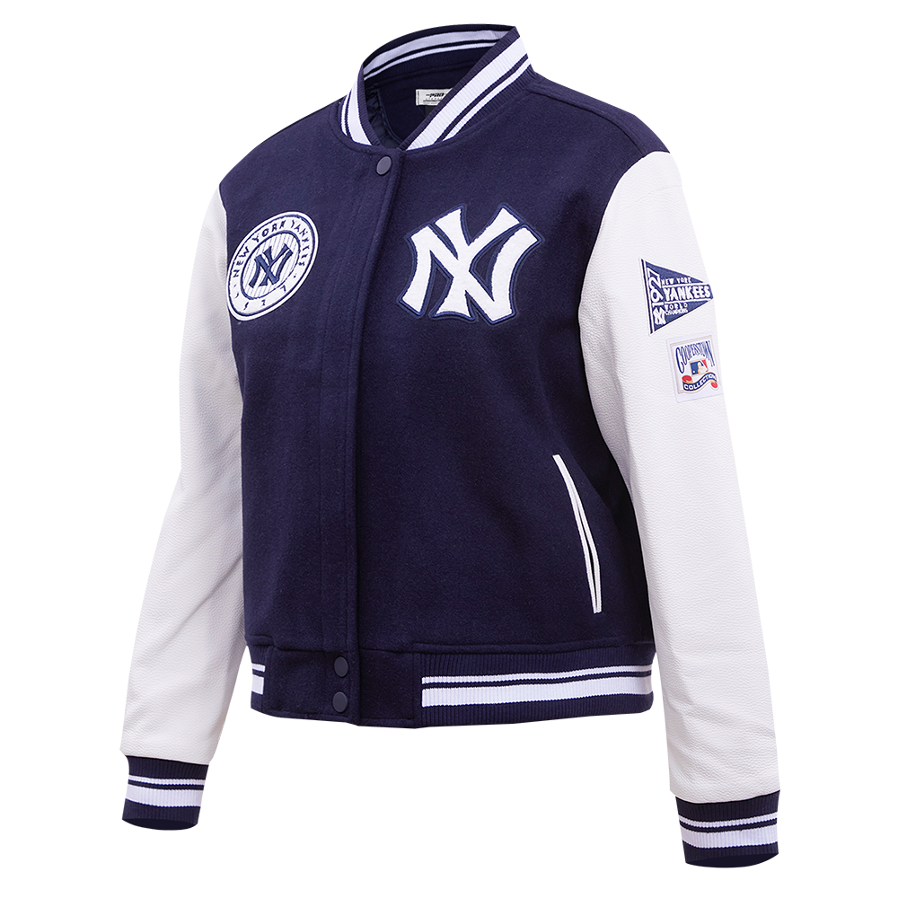 MLB NEW YORK YANKEES RETRO CLASSIC BLOUSON COLLÉGIAL EN LAINE À BORDS CÔTELÉS POUR FEMME (MARINE MINUIT/BLANC)