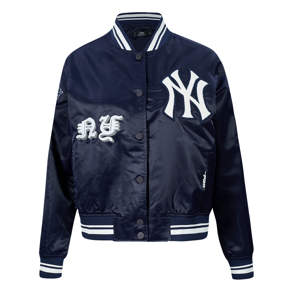 MLB NEW YORK YANKEES OLD ENGLISH BLOUSON EN SATIN À BORDS CÔTELÉS POUR FEMME (MARINE MINUIT)
