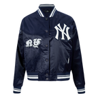 MLB NEW YORK YANKEES OLD ENGLISH BLOUSON EN SATIN À BORDS CÔTELÉS POUR FEMME (MARINE MINUIT)