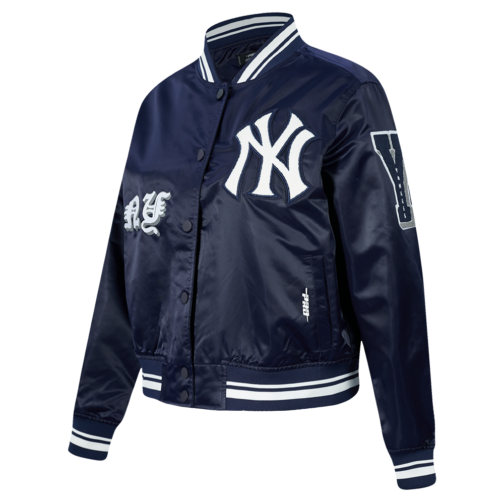 MLB NEW YORK YANKEES OLD ENGLISH BLOUSON EN SATIN À BORDS CÔTELÉS POUR FEMME (MARINE MINUIT)