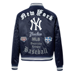 MLB NEW YORK YANKEES OLD ENGLISH BLOUSON EN SATIN À BORDS CÔTELÉS POUR FEMME (MARINE MINUIT)