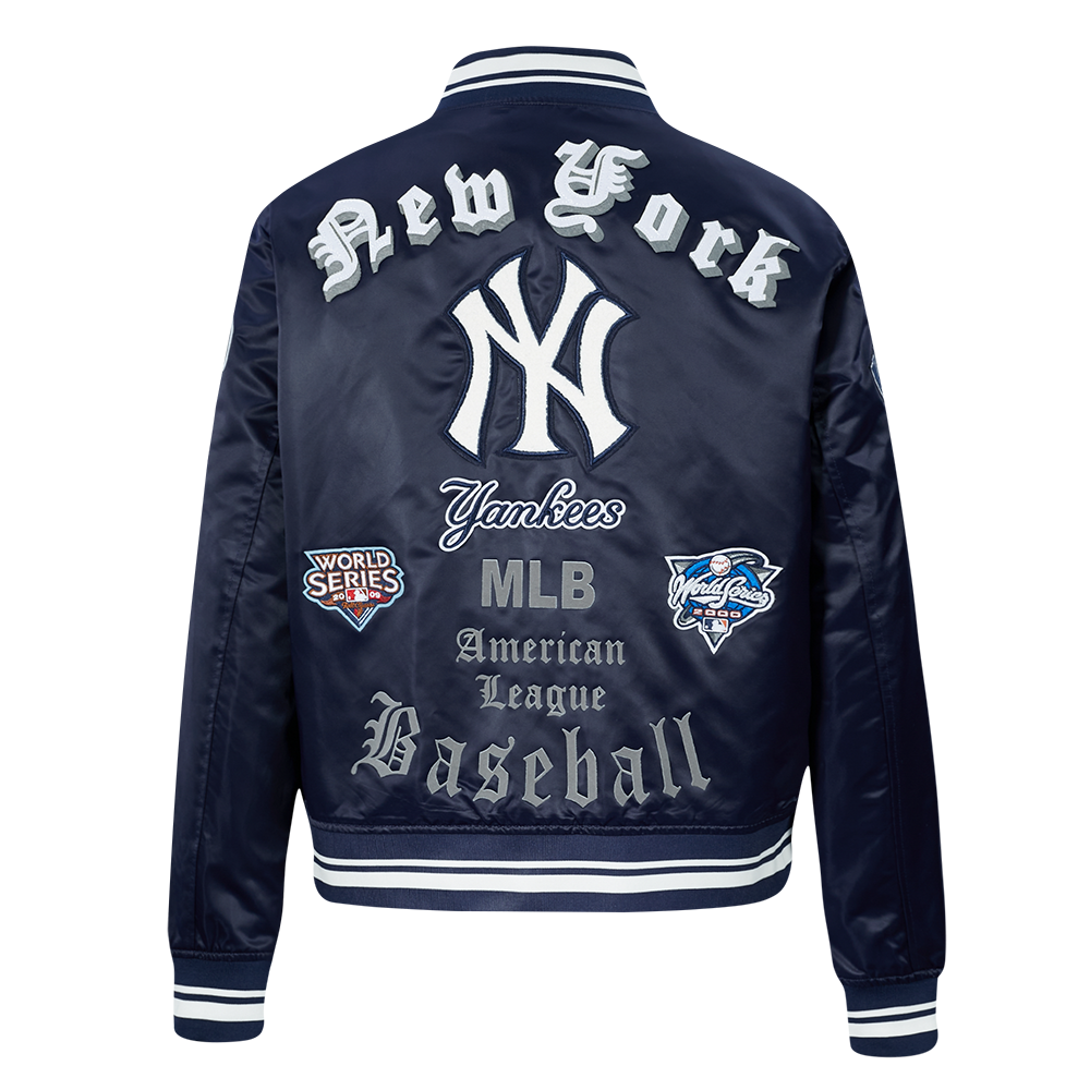 MLB NEW YORK YANKEES OLD ENGLISH BLOUSON EN SATIN À BORDS CÔTELÉS POUR FEMME (MARINE MINUIT)