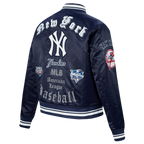 MLB NEW YORK YANKEES OLD ENGLISH BLOUSON EN SATIN À BORDS CÔTELÉS POUR FEMME (MARINE MINUIT)
