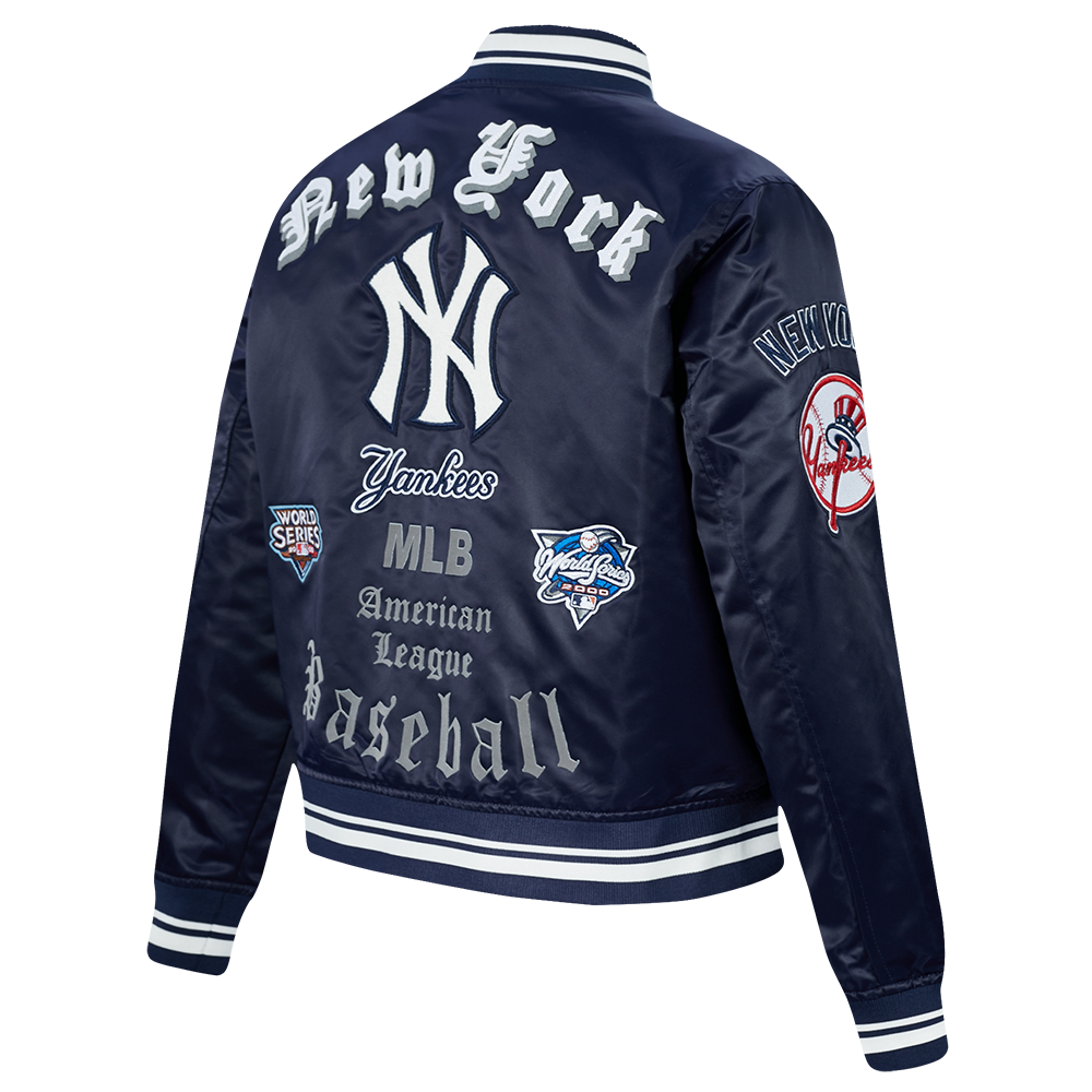 MLB NEW YORK YANKEES OLD ENGLISH BLOUSON EN SATIN À BORDS CÔTELÉS POUR FEMME (MARINE MINUIT)