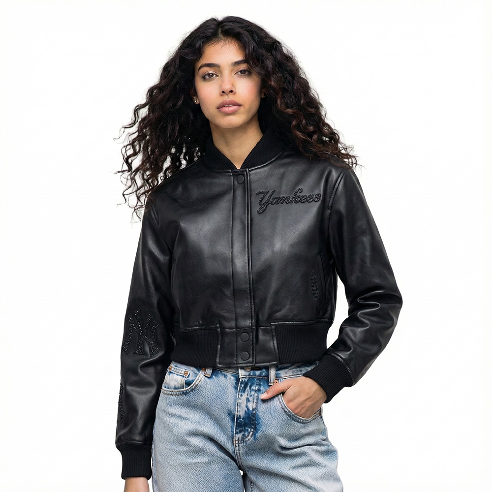 MLB NEW YORK YANKEES WASHED CRYSTALLINE BLOUSON DE CUIR POUR FEMME (NOIR DE JAIS)