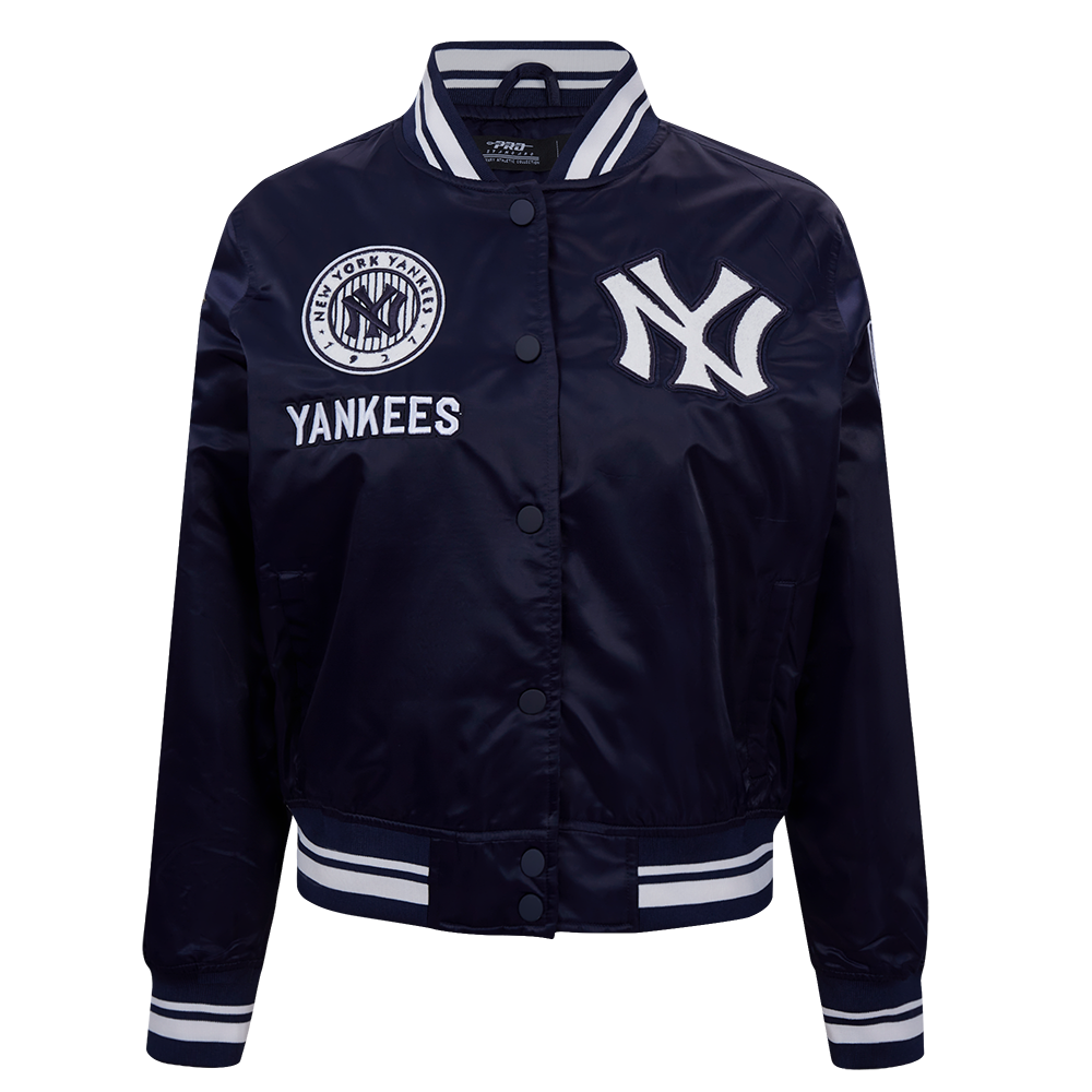 MLB NEW YORK YANKEES RETRO CLASSIC BLOUSON EN SATIN À BORDS CÔTELÉS POUR FEMME (MARINE MINUIT)