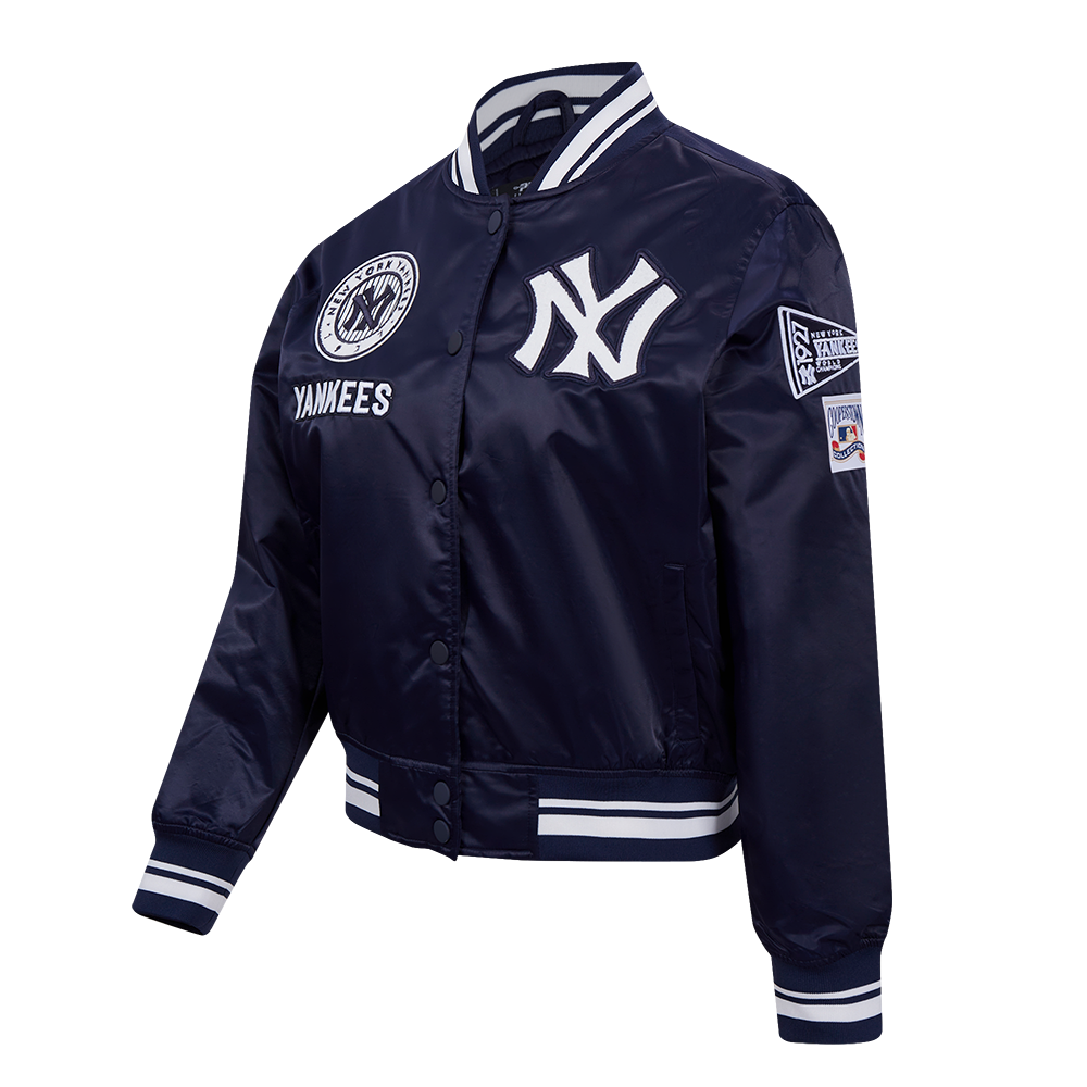 MLB NEW YORK YANKEES RETRO CLASSIC BLOUSON EN SATIN À BORDS CÔTELÉS POUR FEMME (MARINE MINUIT)