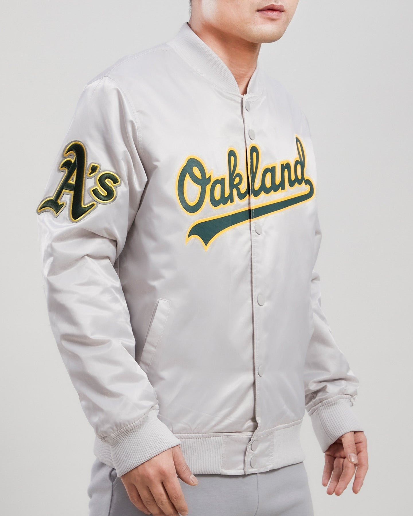 MLB OAKLAND ATHLETICS TEAM BIG LOGO MEN'S SATIN JACKET (SILVER)