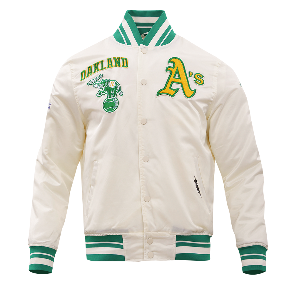 MLB OAKLAND ATHLETICS RETRO CLASSIC BLOUSON EN SATIN À BORDS CÔTELÉS POUR HOMME (COQUILLE D'ŒUF/VERT KELLY)