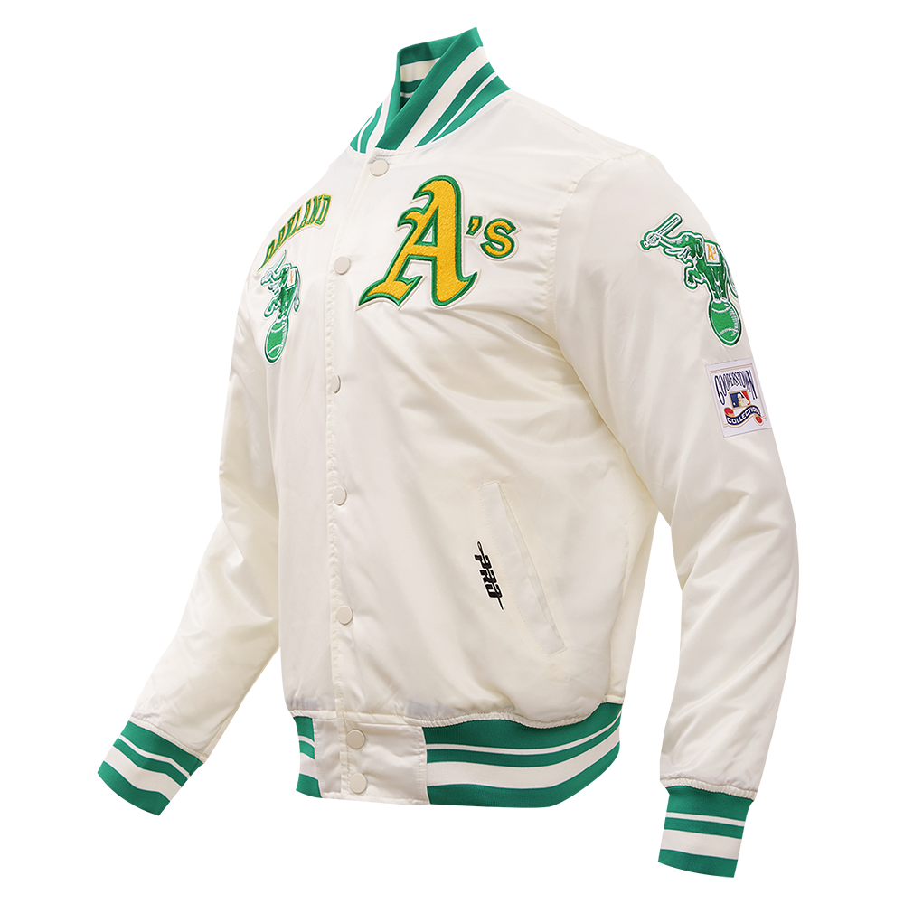 MLB OAKLAND ATHLETICS RETRO CLASSIC BLOUSON EN SATIN À BORDS CÔTELÉS POUR HOMME (COQUILLE D'ŒUF/VERT KELLY)