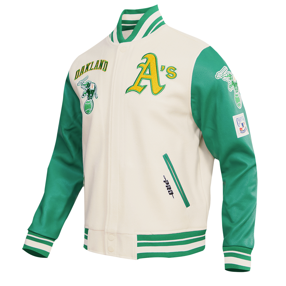 MLB OAKLAND ATHLETICS RETRO CLASSIC MEN'S RIB WOOL VARSITY JACKET (EGGSHELL/KELLY GREEN)