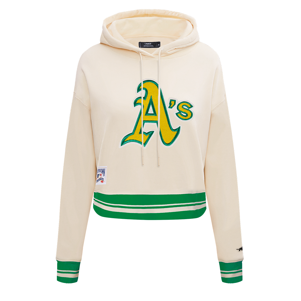 MLB OAKLAND ATHLETICS RETRO CLASSIC WOMEN'S CROPPED PULLOVER HOODIE (EGGSHELL/ KELLY GREEN)