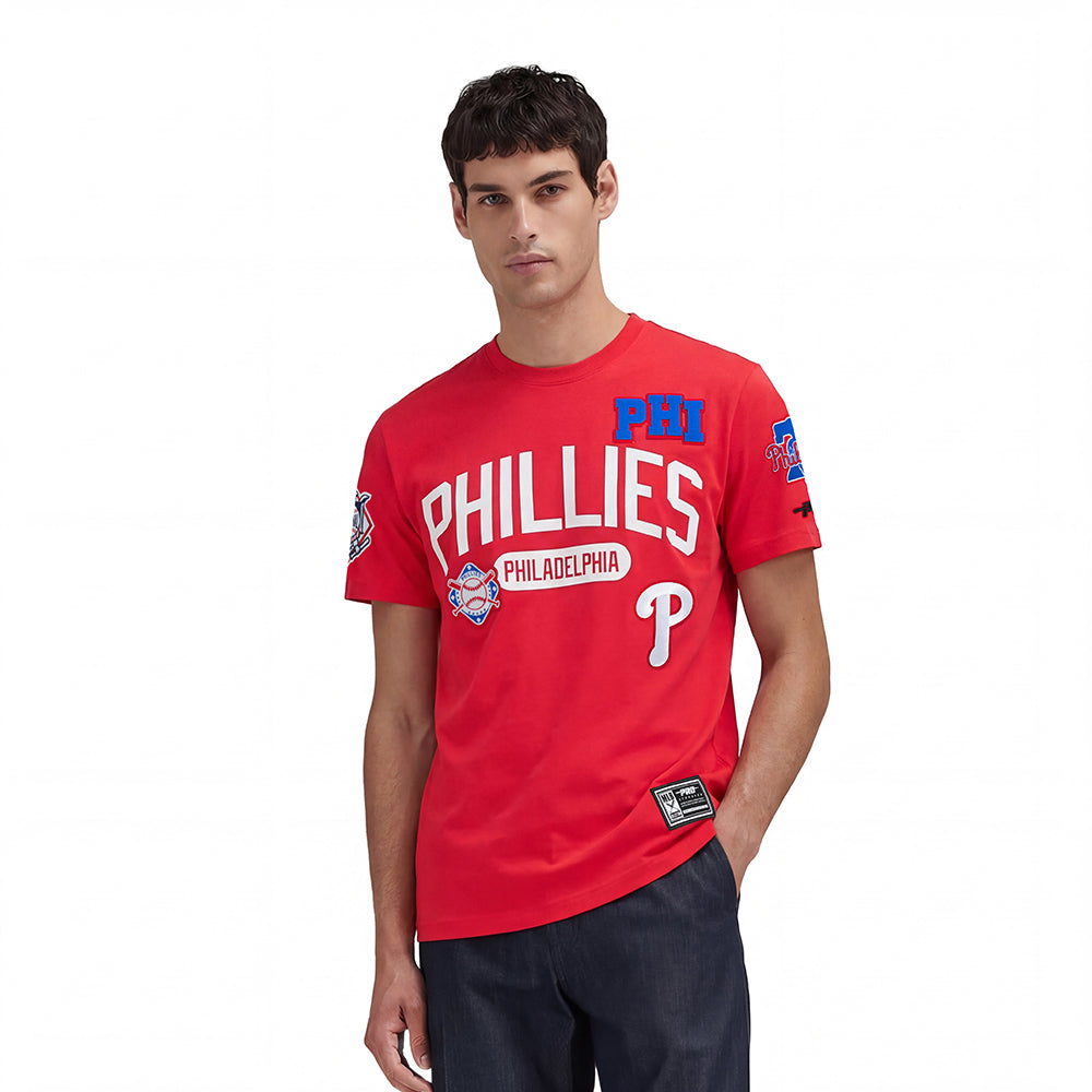 MLB PHILADELPHIA PHILLIES LETTERMAN HAUT À MANCHES COURTES POUR HOMME (ROUGE)