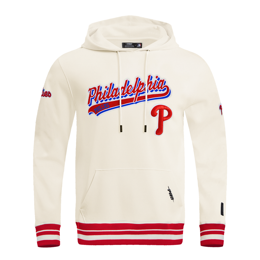 MLB PHILADELPHIA PHILLIES SCRIPT TAIL CHANDAIL À CAPUCHON EN MOLLETON CÔTELÉ POUR HOMME (COQUILLE D'ŒUF/ROUGE)