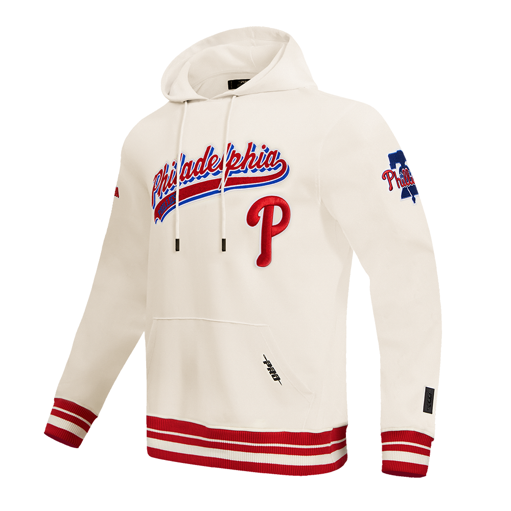MLB PHILADELPHIA PHILLIES SCRIPT TAIL CHANDAIL À CAPUCHON EN MOLLETON CÔTELÉ POUR HOMME (COQUILLE D'ŒUF/ROUGE)
