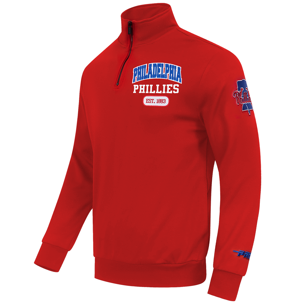 MLB PHILADELPHIA PHILLIES CITY ARCH HAUT EN MOLLETON À GLISSIÈRE AU QUART POUR HOMME (ROUGE)