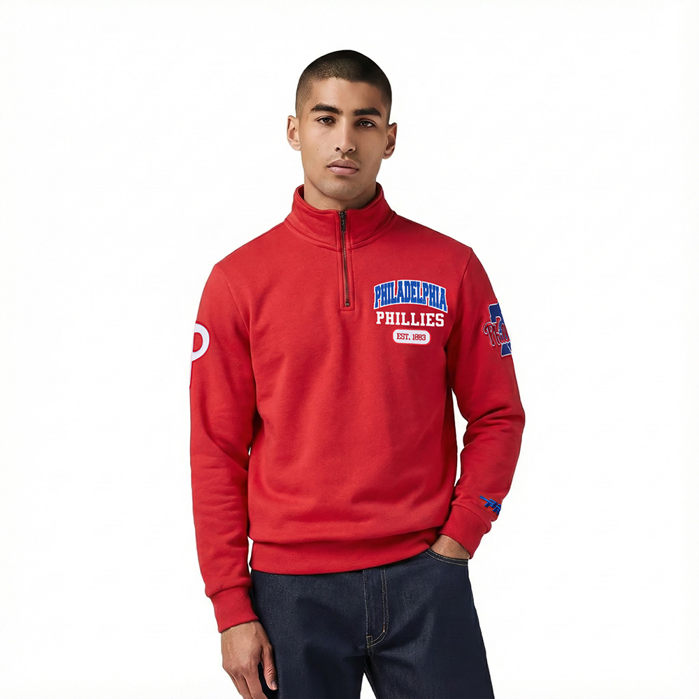 MLB PHILADELPHIA PHILLIES CITY ARCH HAUT EN MOLLETON À GLISSIÈRE AU QUART POUR HOMME (ROUGE)