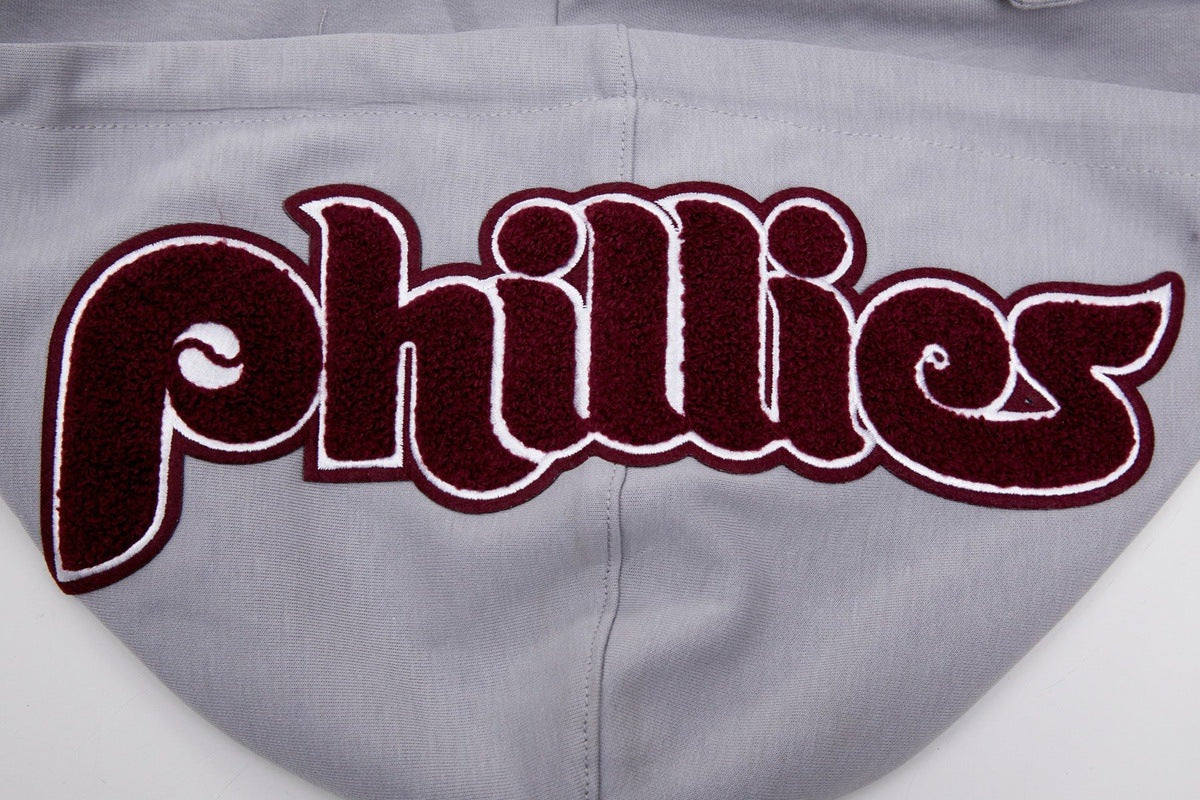 MLB PHILADELPHIA PHILLIES CLASSIC CHENILLE MEN'S FULL ZIP PULLOVER HOODIE (GRAY)