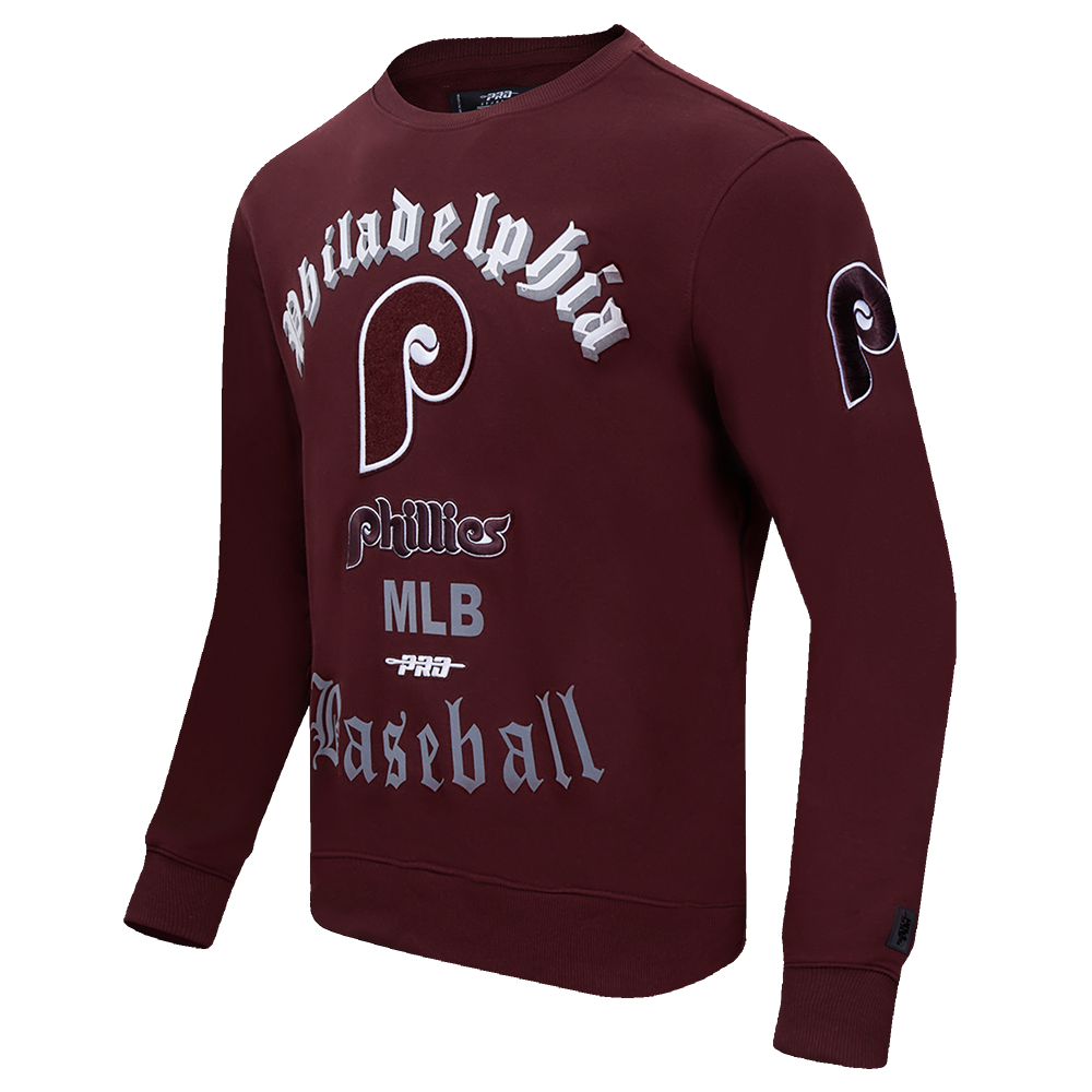 MLB PHILADELPHIA PHILLIES RETRO OLD ENGLISH MEN'S FLC CREWNECK (WINE)