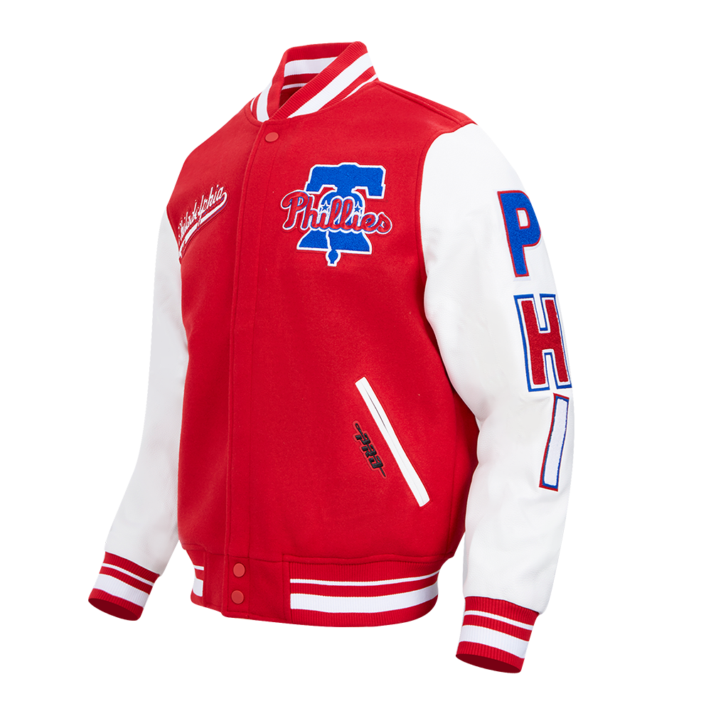 MLB PHILADELPHIA PHILLIES SCRIPT TAIL MEN'S VARSITY JACKET (RED/WHITE)
