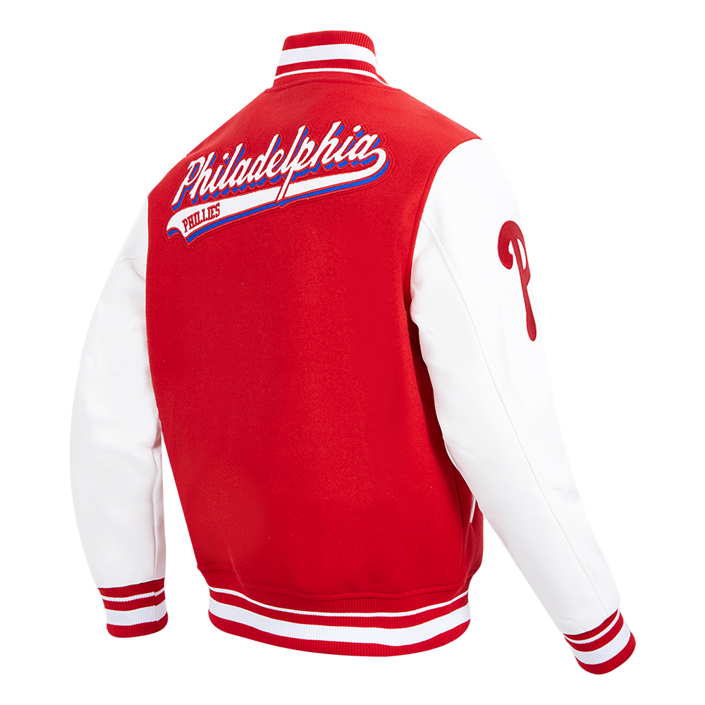 MLB PHILADELPHIA PHILLIES SCRIPT TAIL MEN'S VARSITY JACKET (RED/WHITE)