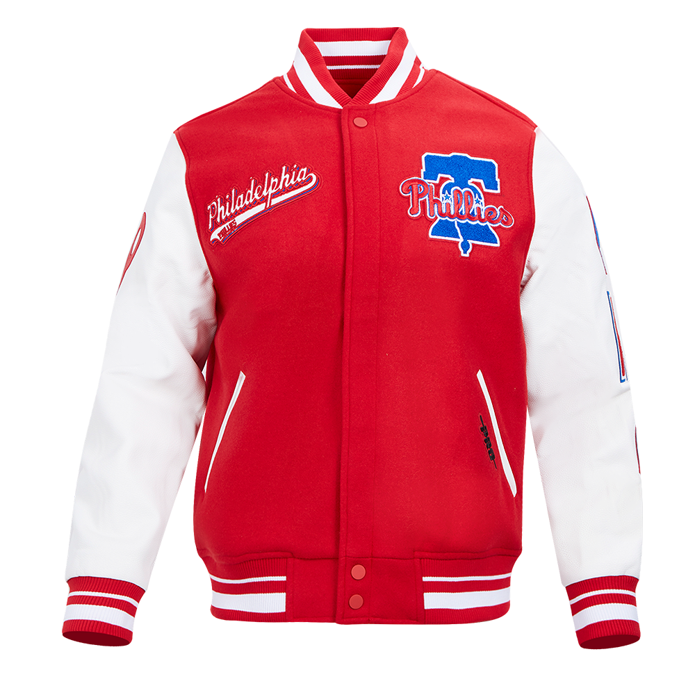 MLB PHILADELPHIA PHILLIES SCRIPT TAIL MEN'S VARSITY JACKET (RED/WHITE)
