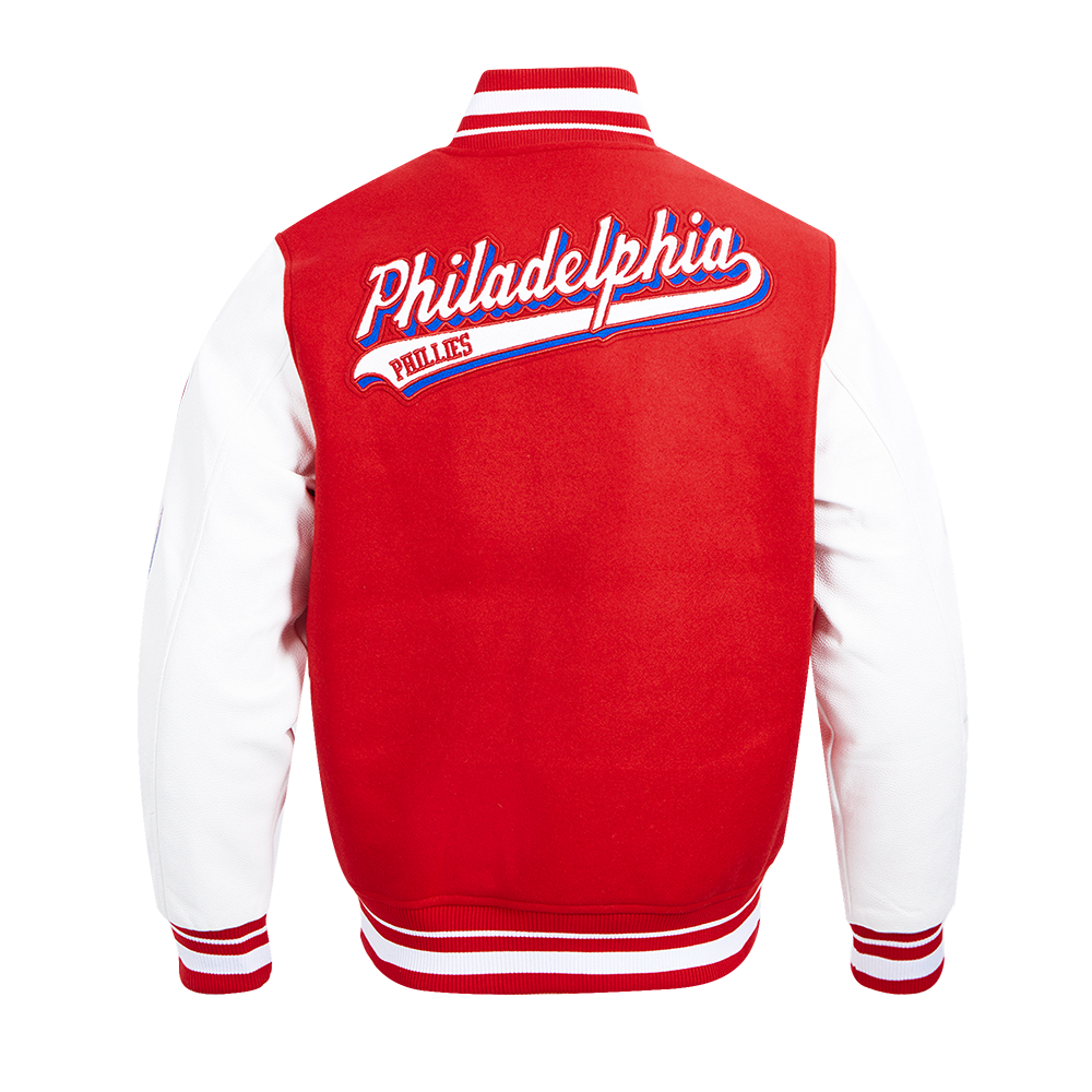 MLB PHILADELPHIA PHILLIES SCRIPT TAIL MEN'S VARSITY JACKET (RED/WHITE)