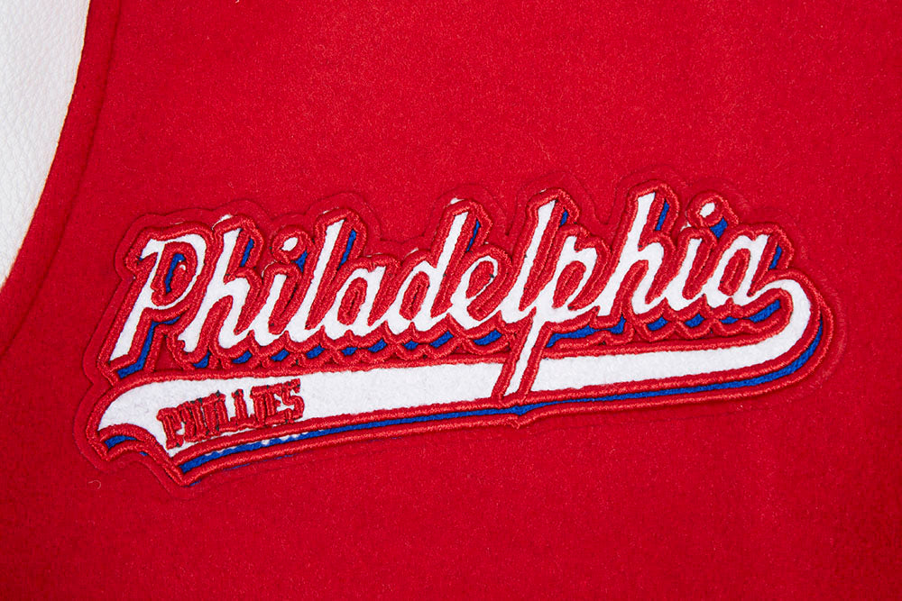 MLB PHILADELPHIA PHILLIES SCRIPT TAIL MEN'S VARSITY JACKET (RED/WHITE)