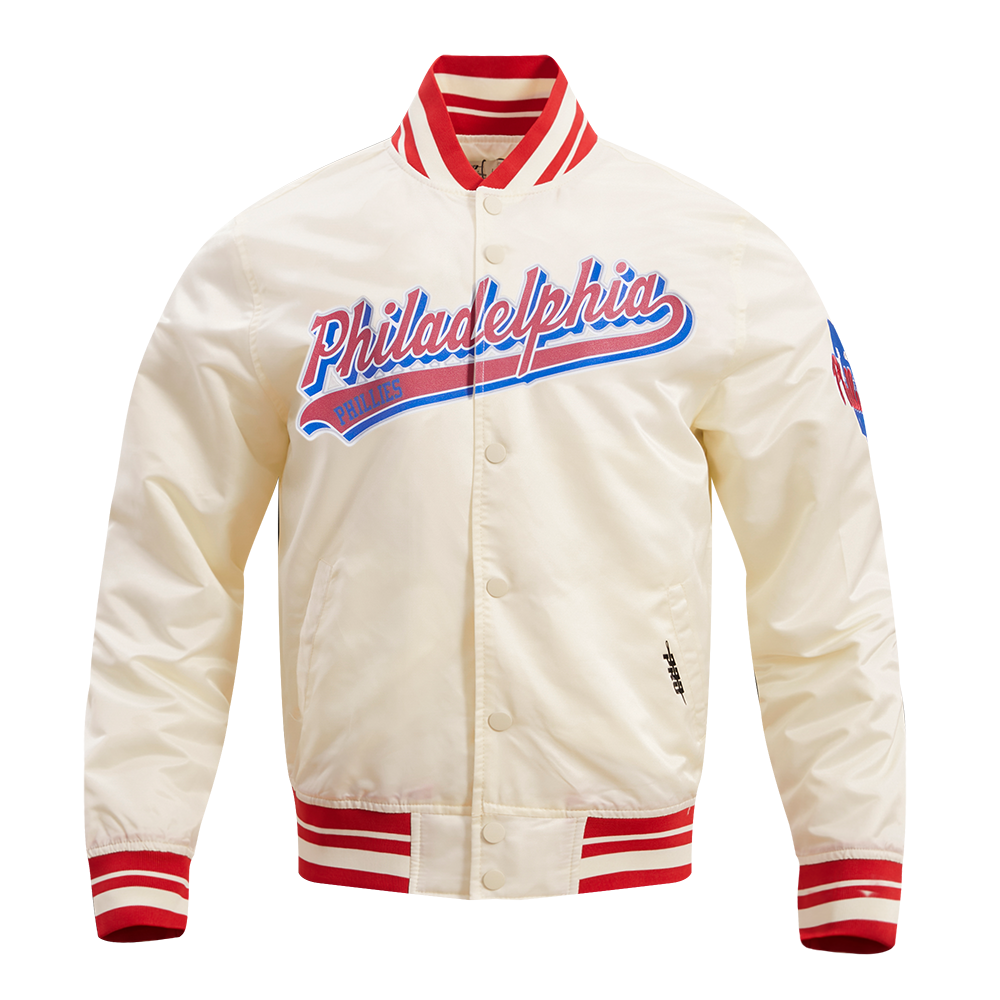 MLB PHILADELPHIA PHILLIES SCRIPT TAIL MEN'S SATIN JACKET (EGGSHELL/ RED)