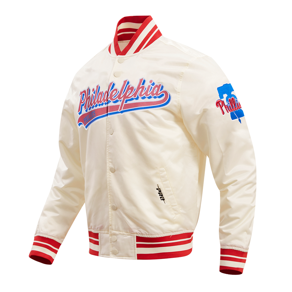 MLB PHILADELPHIA PHILLIES SCRIPT TAIL MEN'S SATIN JACKET (EGGSHELL/ RED)
