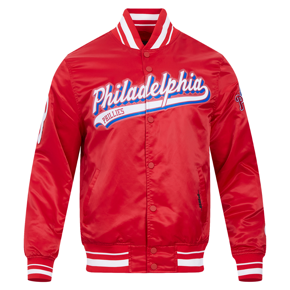 MLB PHILADELPHIA PHILLIES SCRIPT TAIL MEN'S SATIN JACKET (RED)